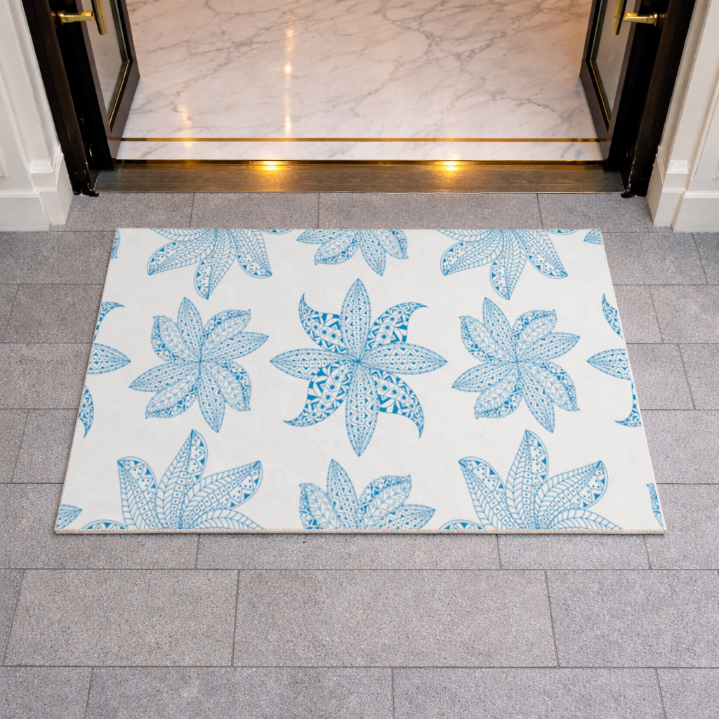 Blue Mandala Floral and Leaf Zentangle Pattern Doormat