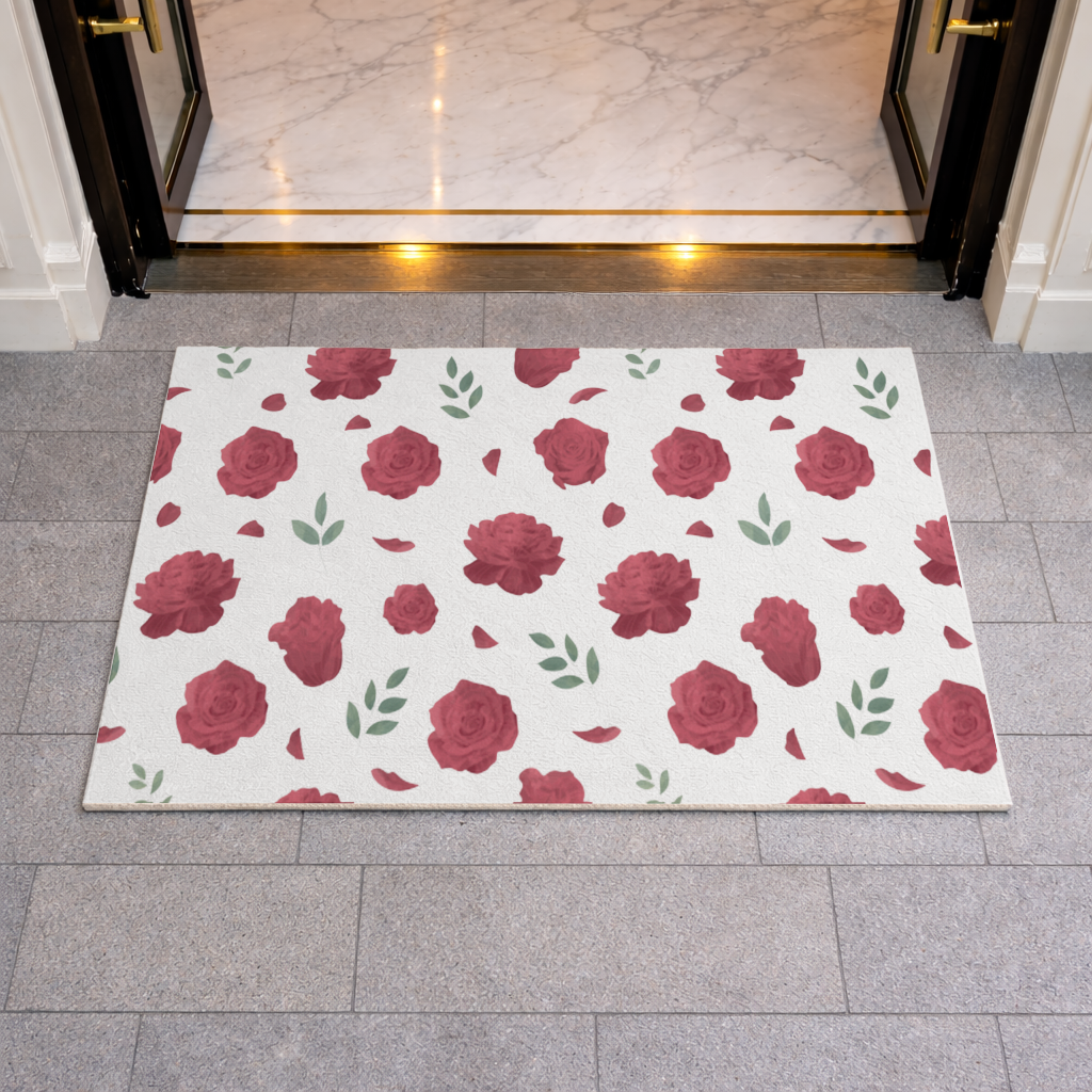 Red Rose and Leaf Romantic Seamless Pattern Doormat