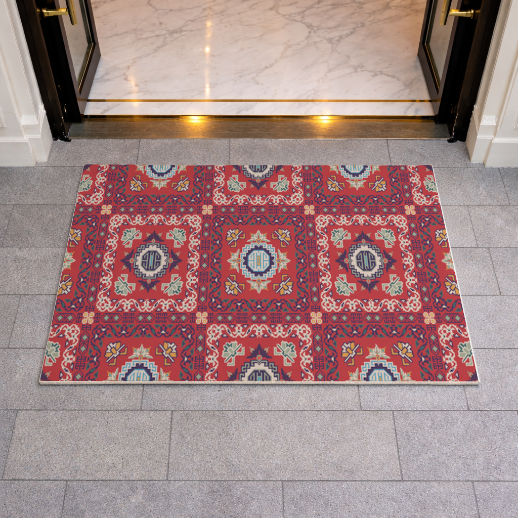 Geleneksel Kilim Motifli Kırmızı Etnik Geometrik Desen Kapı Önü Paspası