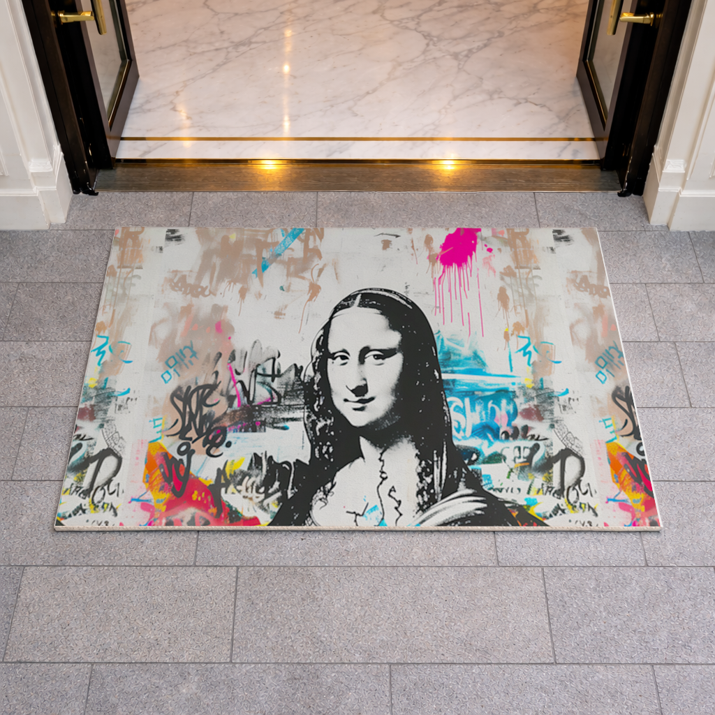 Graffiti Tarzı Modern Mona Lisa İllüstrasyonu Kapı Önü Paspası