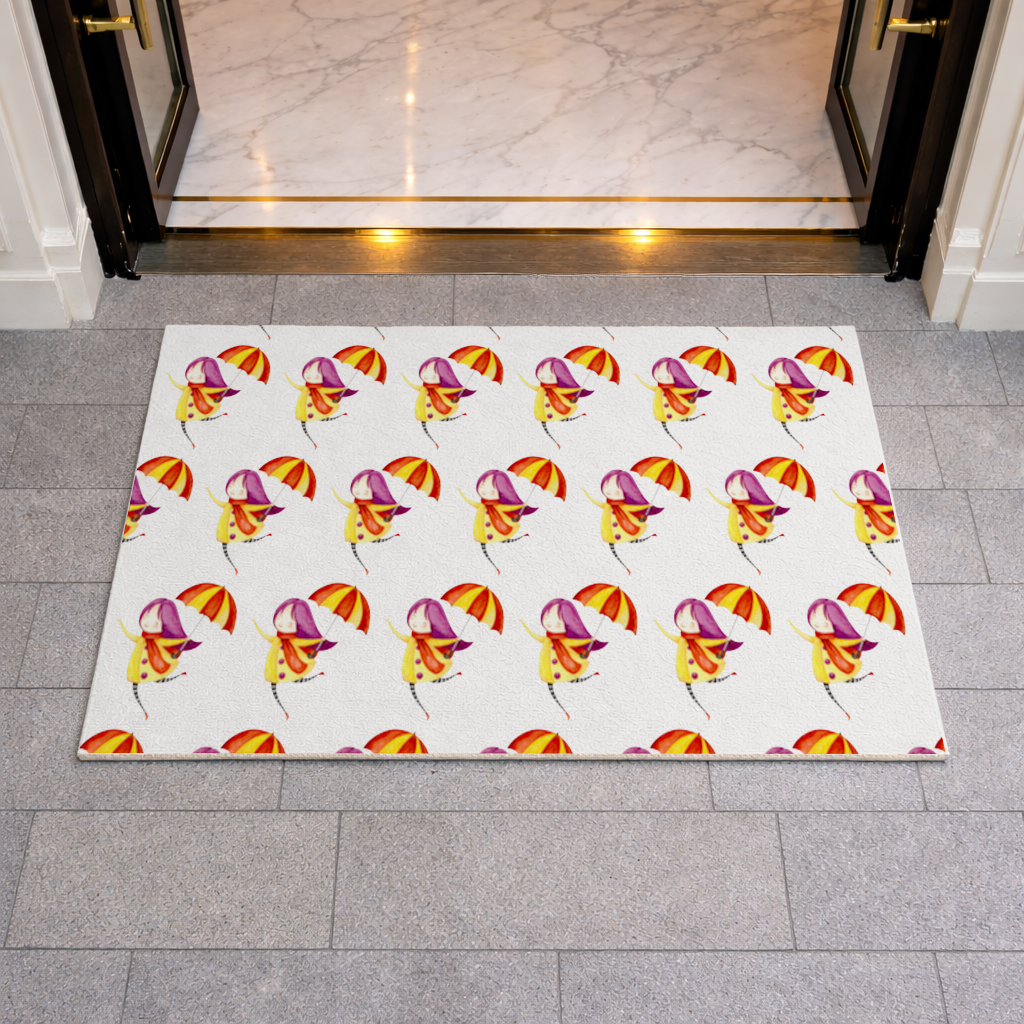 Cheerful Girl with Umbrella Doormat