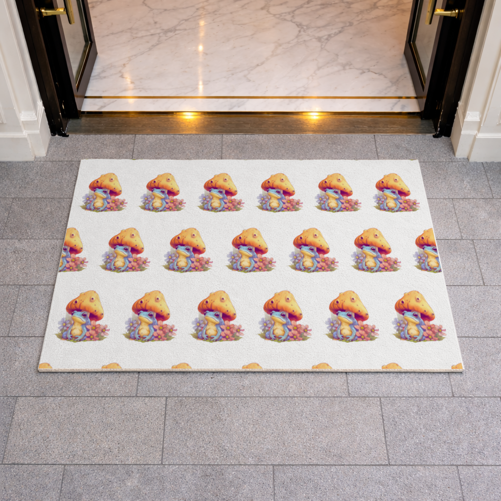 Blue Frog Resting Under Orange Mushroom Doormat