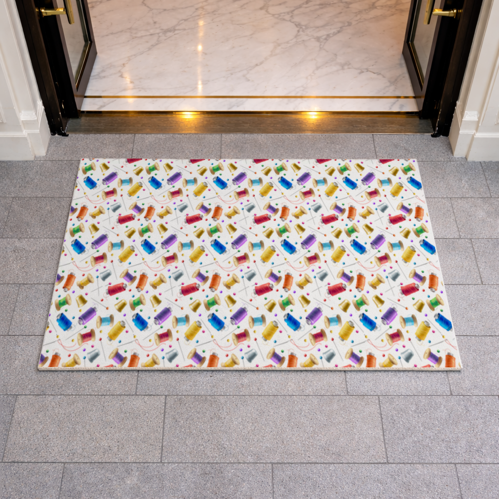 Colorful Thread Spools and Sewing Tools Pattern Doormat