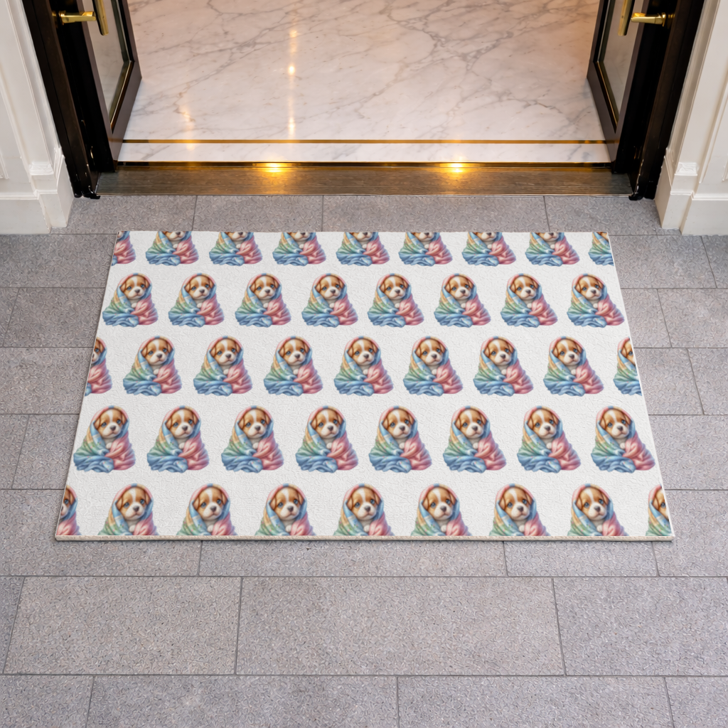 Cute Puppy Wrapped in Colorful Blanket Doormat