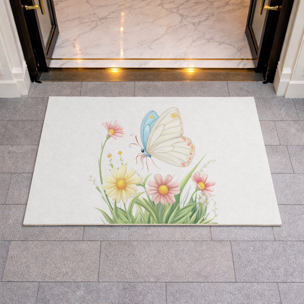 Whimsical Pastel Butterfly and Wildflowers Doormat