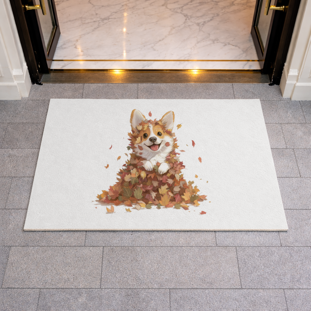 Happy Corgi Puppy in Fall Leaves Doormat