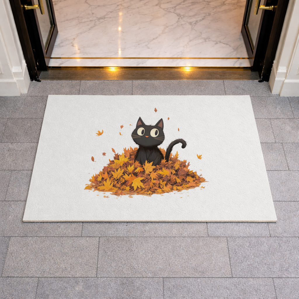 Cute Black Cat in Autumn Leaves Doormat
