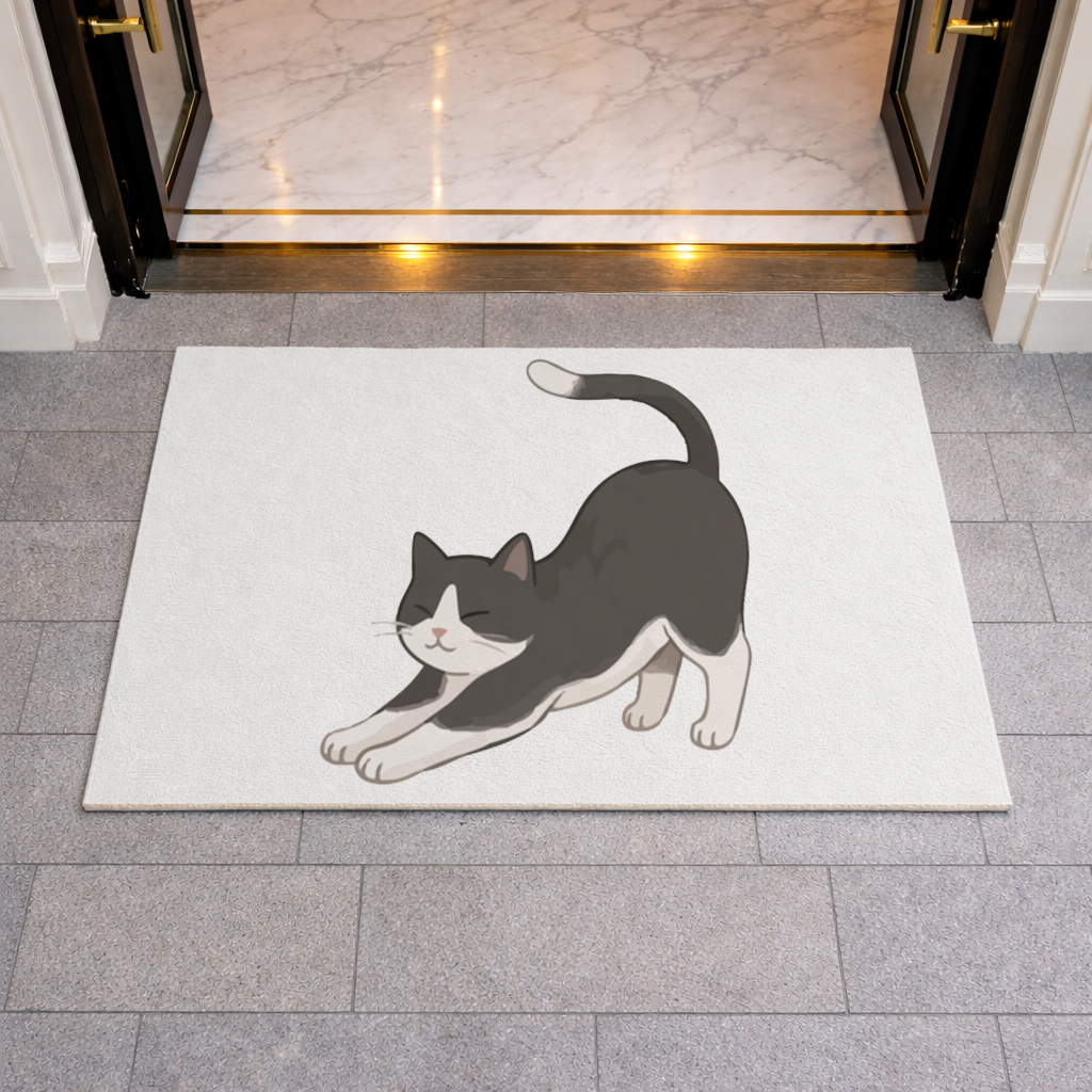 Stretching Tuxedo Cat Doormat