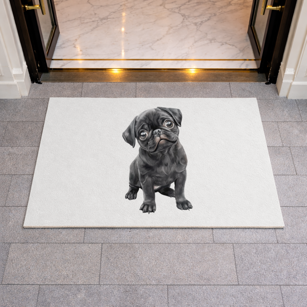Innocent Black Pug Puppy Doormat