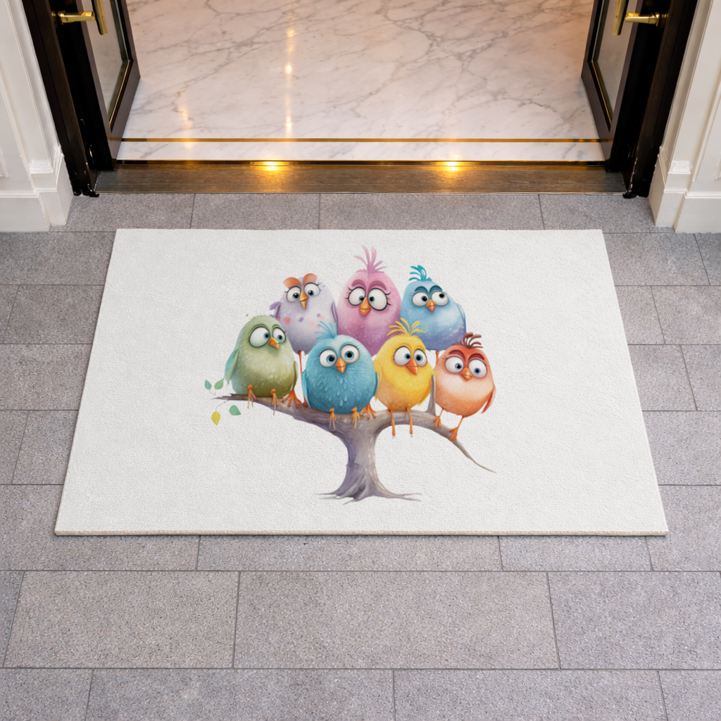 Whimsical Colorful Birds on Branch Doormat