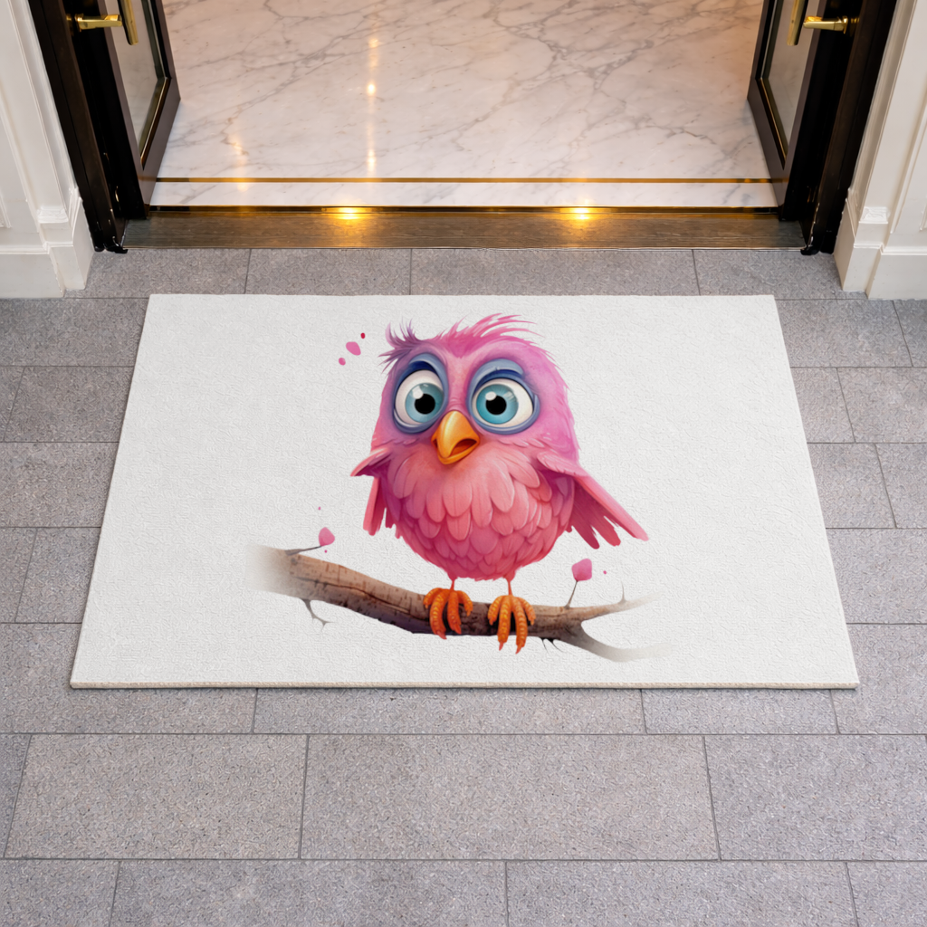 Cute Pink Bird with Large Blue Eyes Doormat