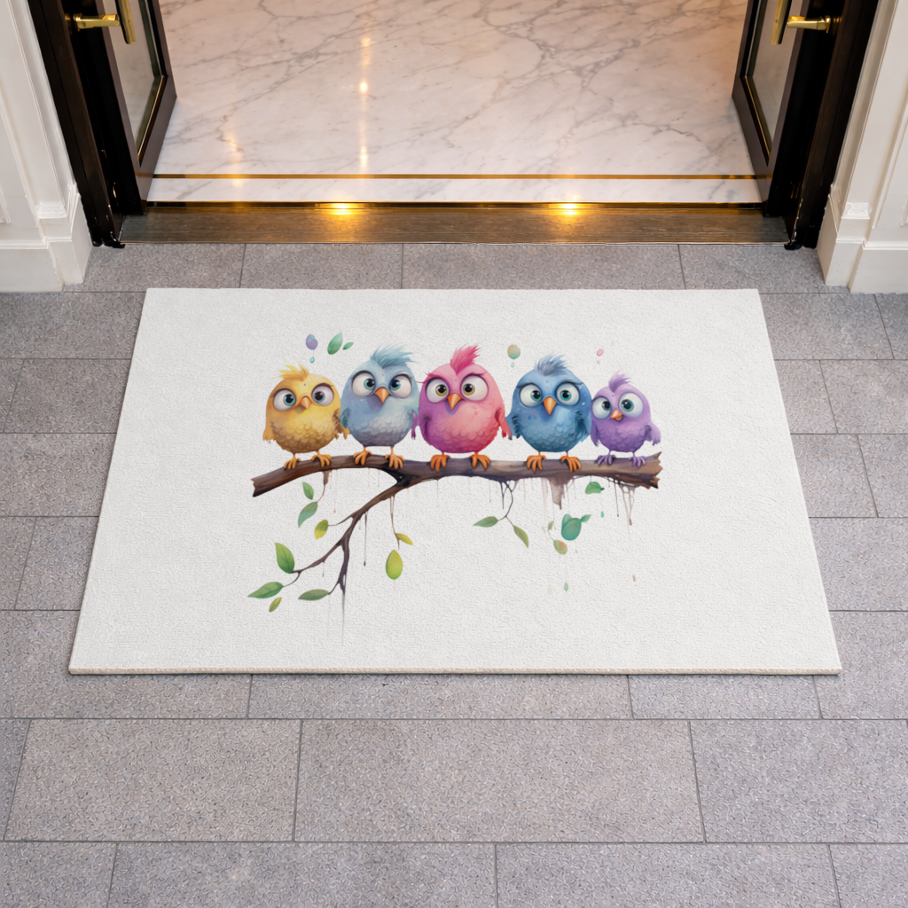 Five Colorful Kawaii Birds on Branch Doormat