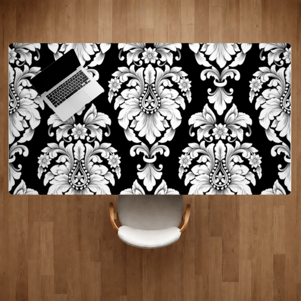 Black and White Baroque Floral Pattern Desk Pad