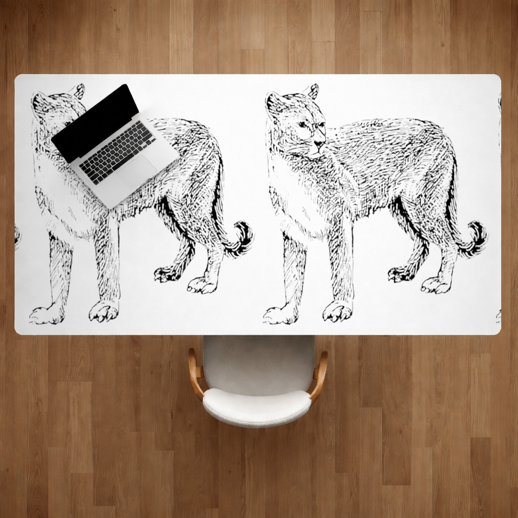 Black and White Wild Cat Sketch Illustration Desk Pad
