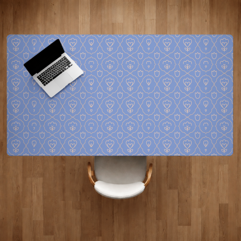 Orange Linear Floral Pattern on Blue Desk Pad