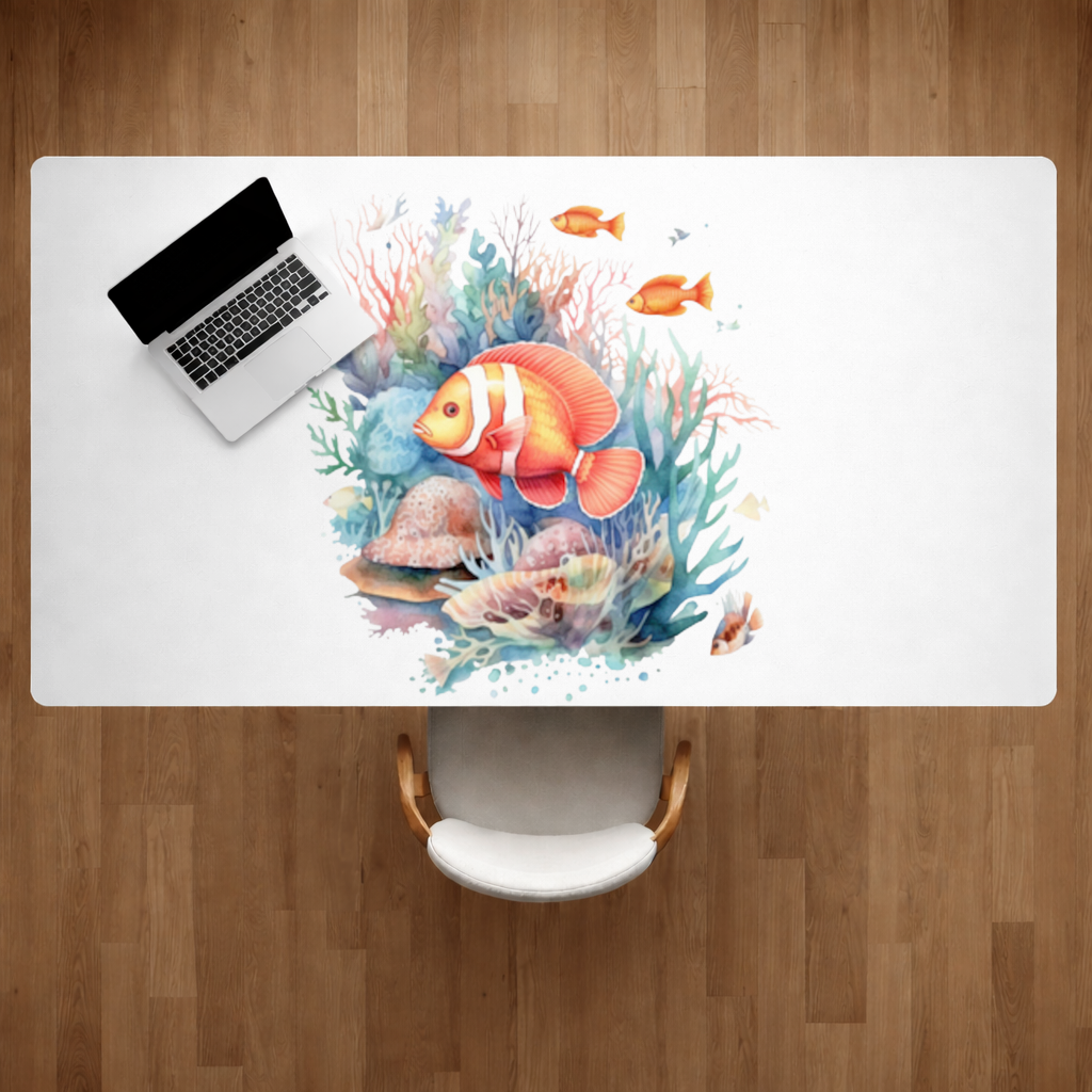 Watercolor Clownfish and Tropical Coral Reef Desk Pad