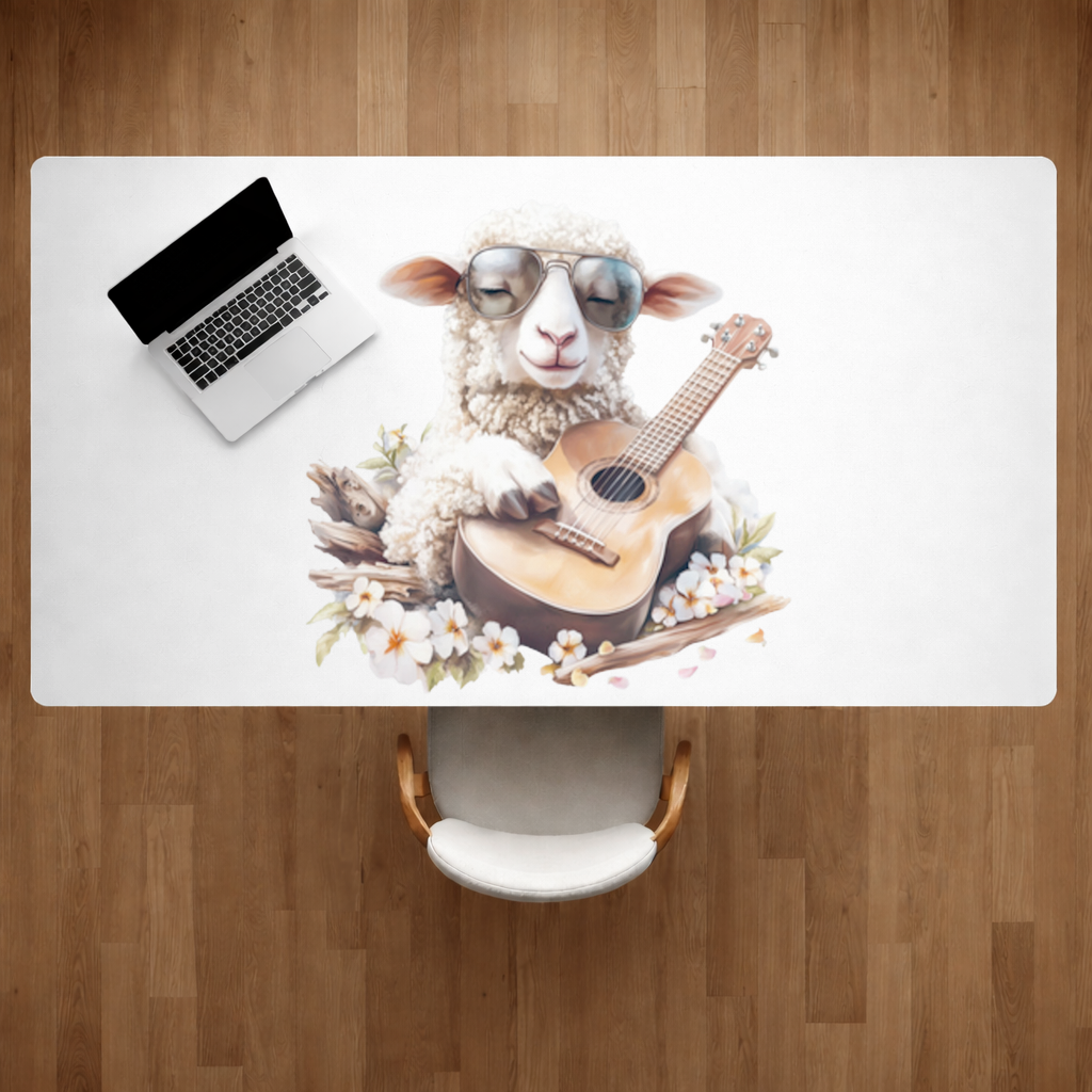 Cool Sheep Playing Ukulele with Flowers Desk Pad