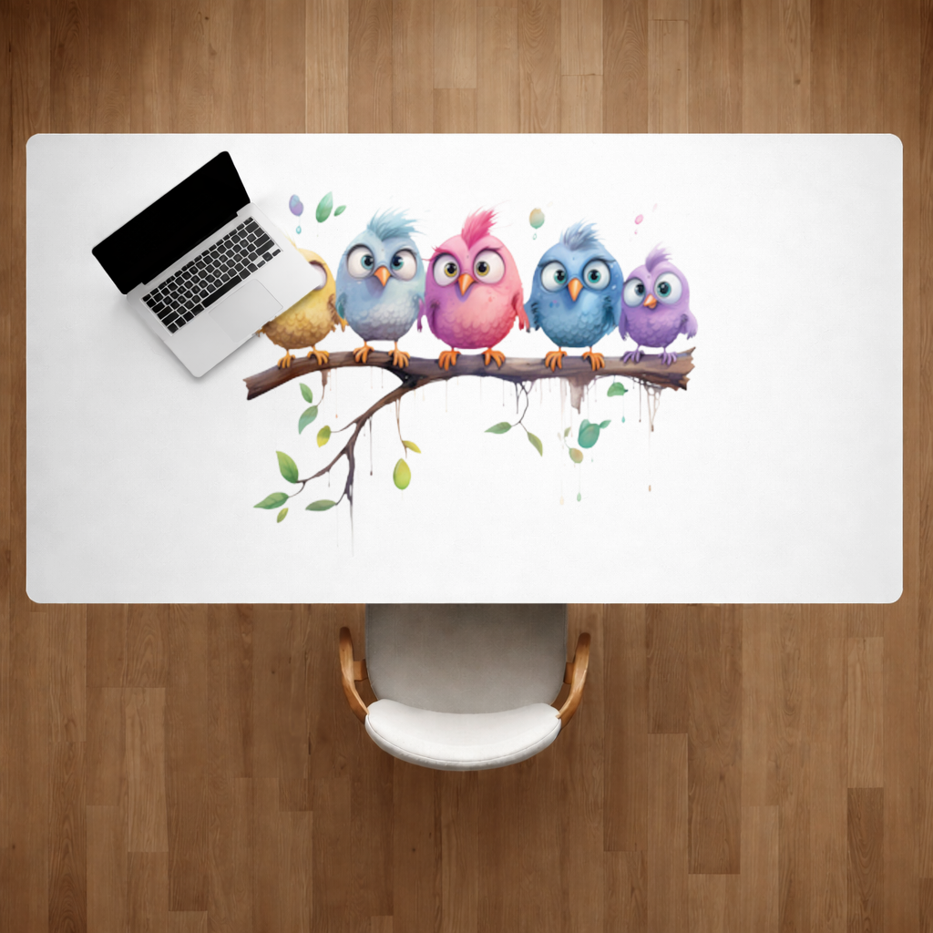 Five Colorful Kawaii Birds on Branch Desk Pad