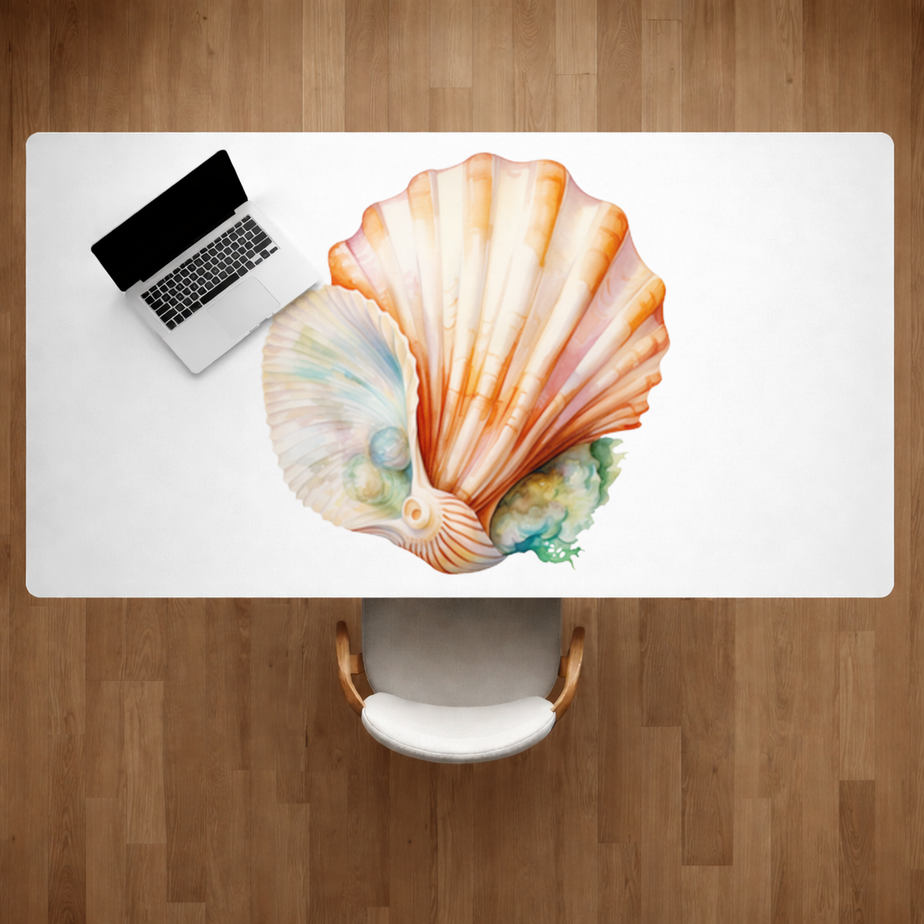 Iridescent Pearls in Orange Scallop Seashell Desk Pad