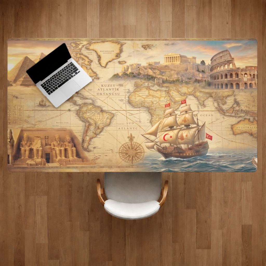 Retro World Map with Ancient Ruins Concept Desk Pad