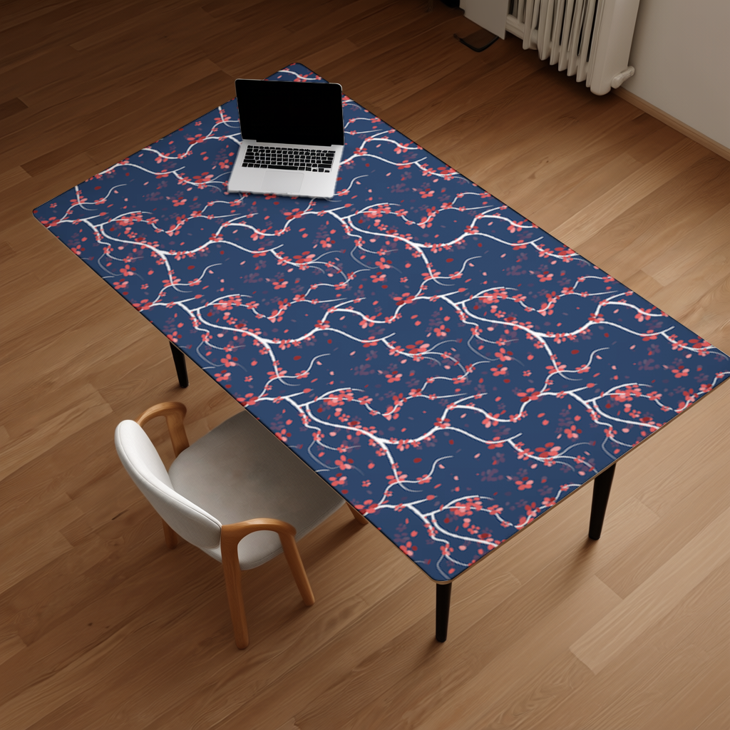 Red Floral Branch Pattern on Navy Background Desk Pad