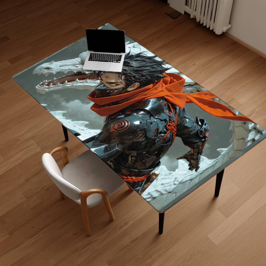 Dark Anime Warrior with Red Cloak and Dragon Desk Pad