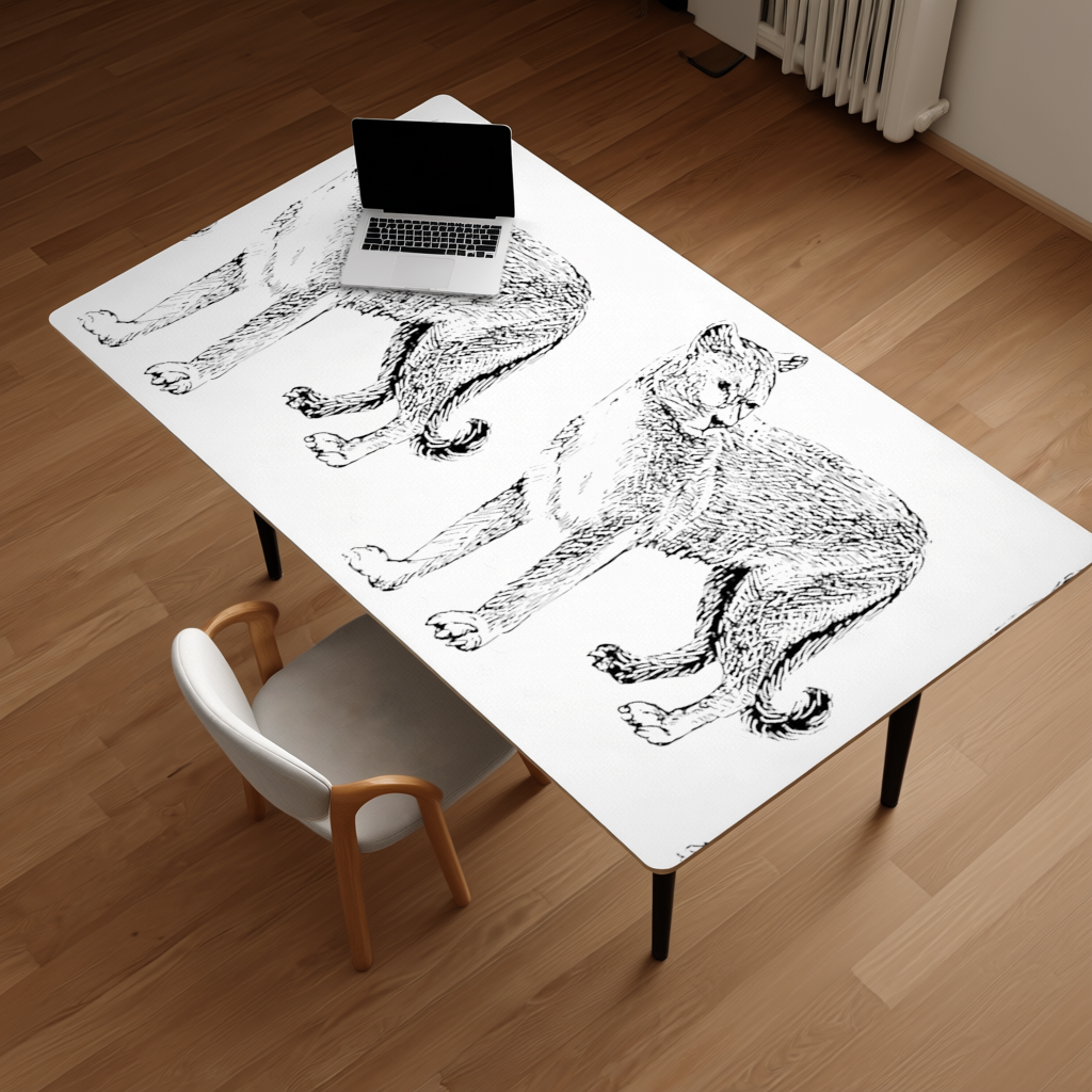 Black and White Wild Cat Sketch Illustration Desk Pad