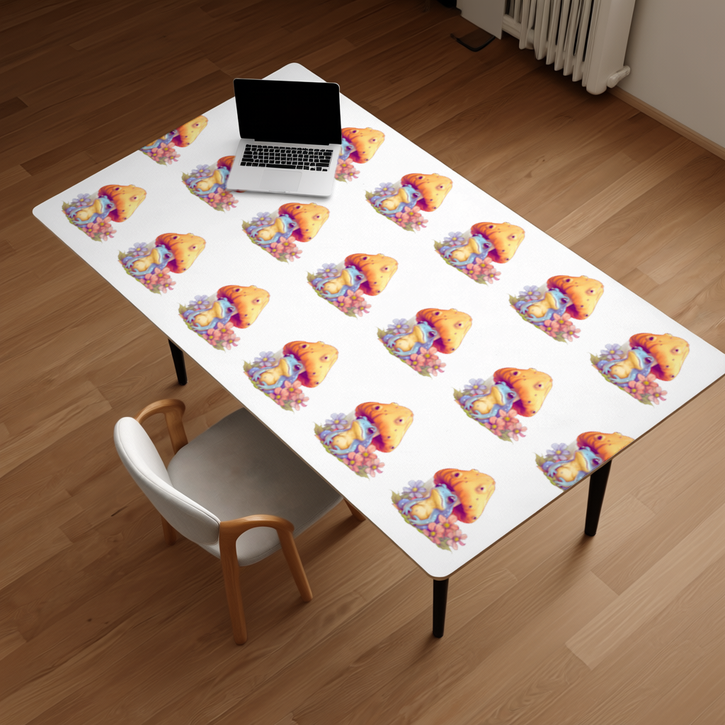 Blue Frog Resting Under Orange Mushroom Desk Pad