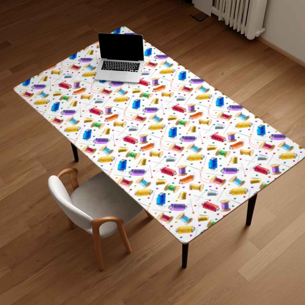 Colorful Thread Spools and Sewing Tools Pattern Desk Pad