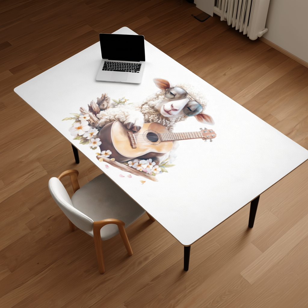 Cool Sheep Playing Ukulele with Flowers Desk Pad