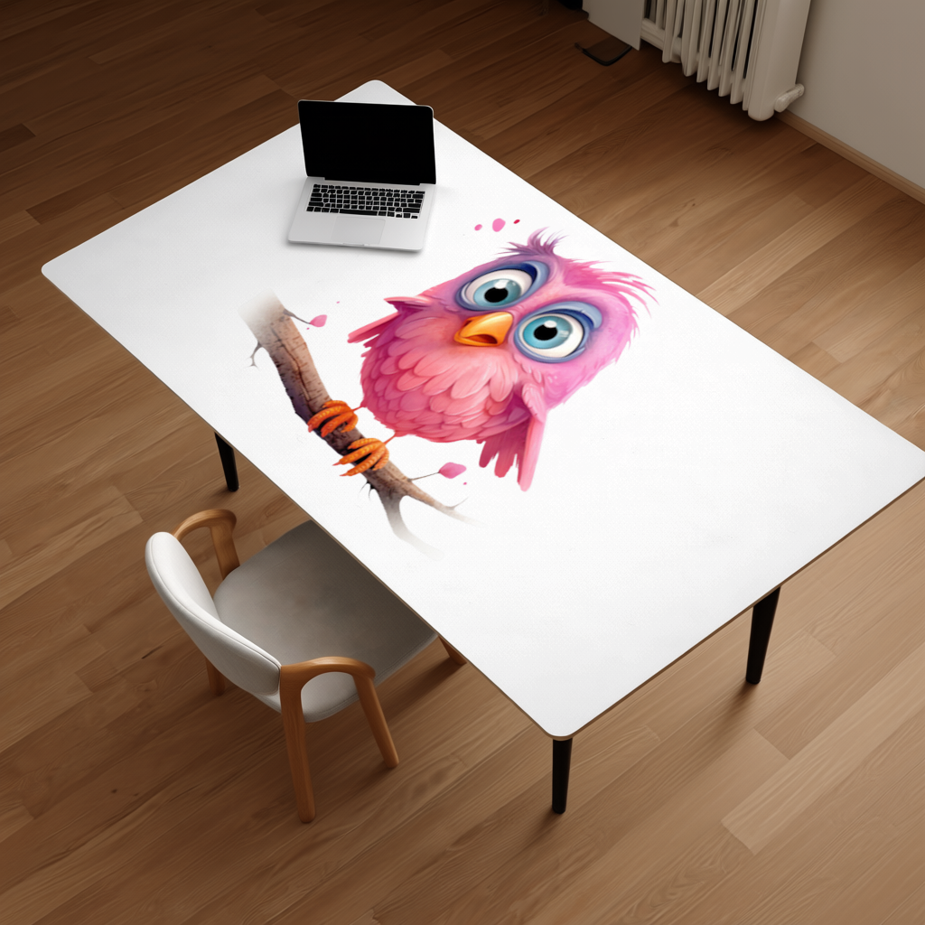 Cute Pink Bird with Large Blue Eyes Desk Pad