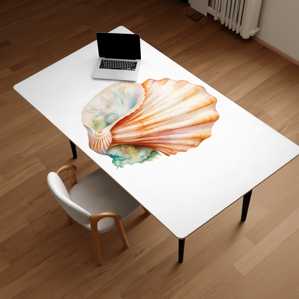 Iridescent Pearls in Orange Scallop Seashell Desk Pad