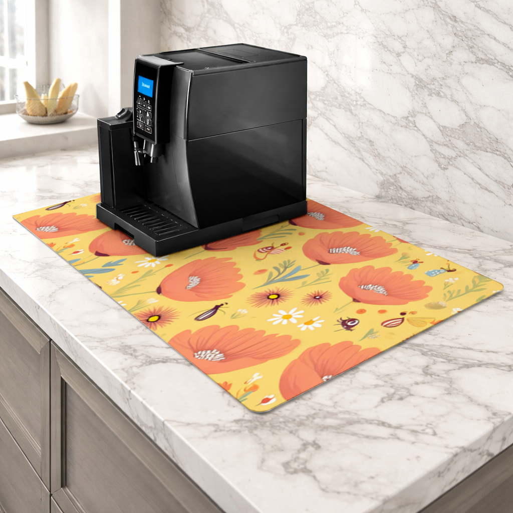 Floral Insect Pattern Colorful Design Coffee Machine Base Mat