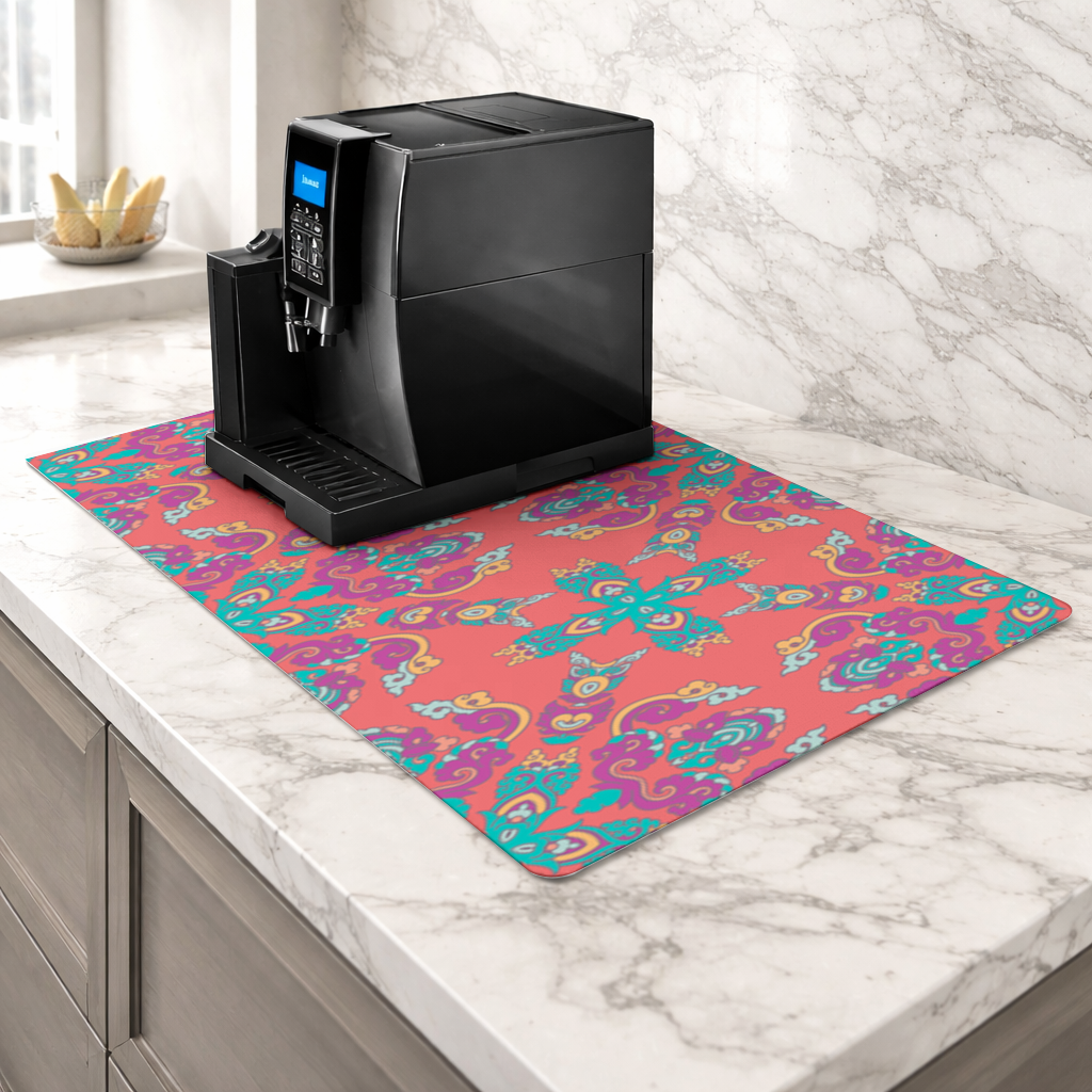 Vibrant Red Oriental Mandala Pattern Coffee Machine Base Mat
