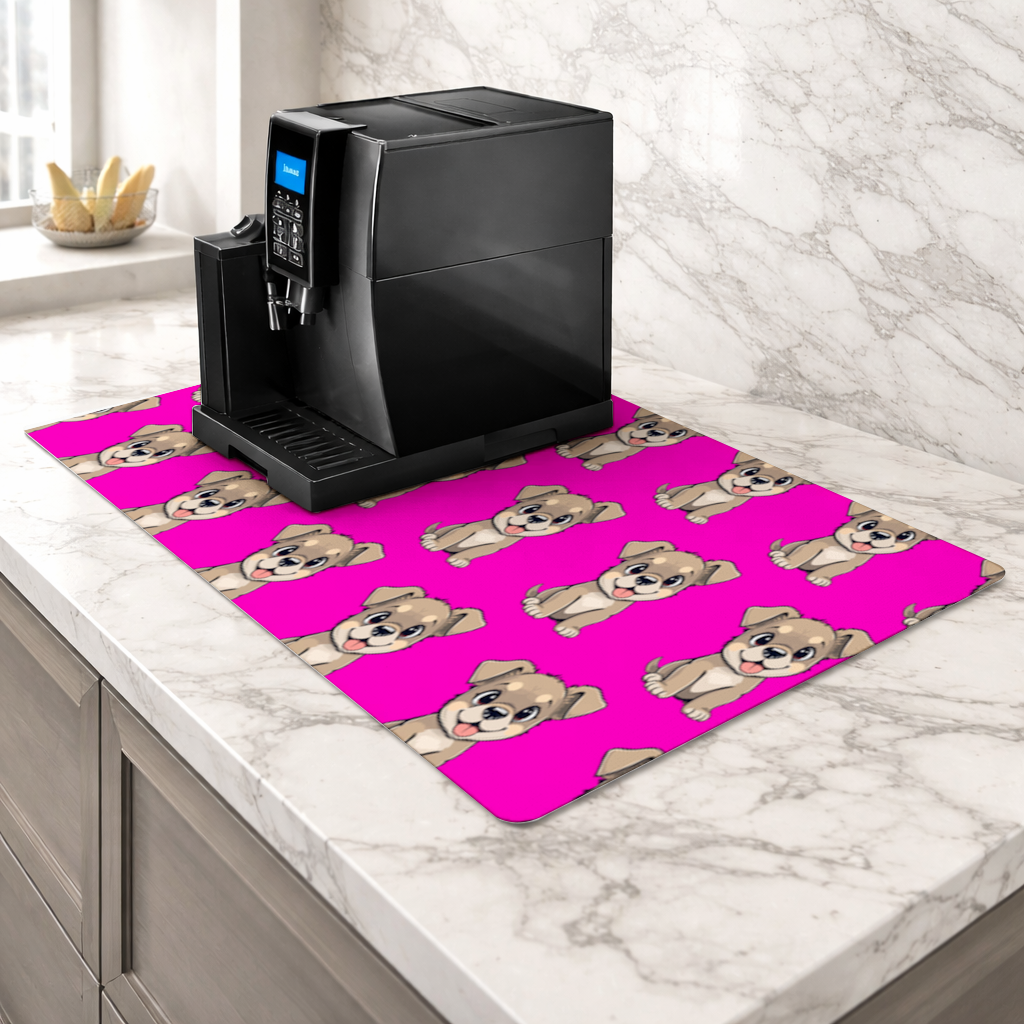 Cute Dog Illustration on Pink Background Coffee Machine Base Mat