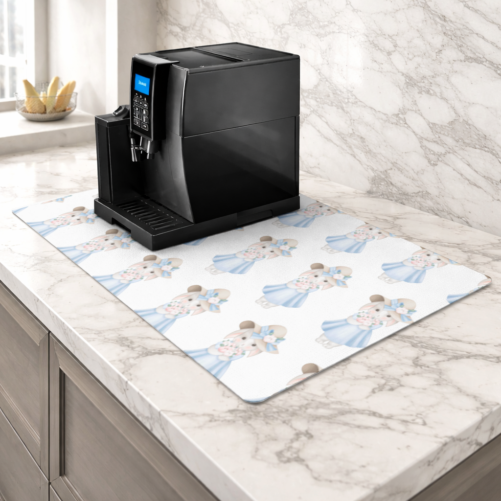 Cute Bunny with Hat Holding Flowers Coffee Machine Base Mat