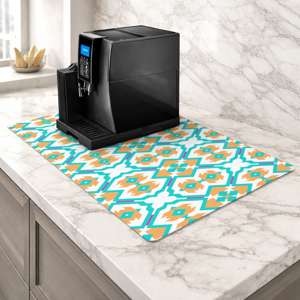Orange and Turquoise Geometric Pattern Coffee Machine Base Mat