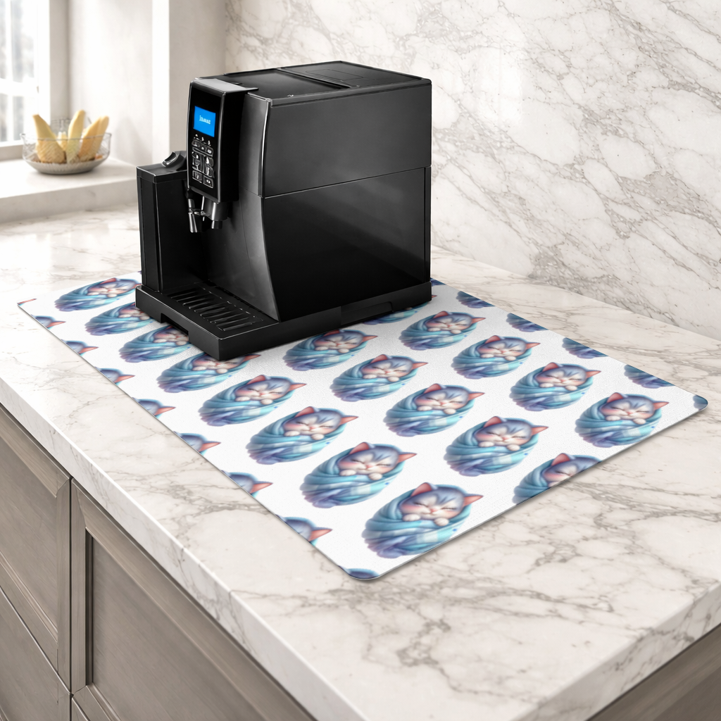 Kawaii Sleeping Kitten in Blue Swaddle Coffee Machine Base Mat