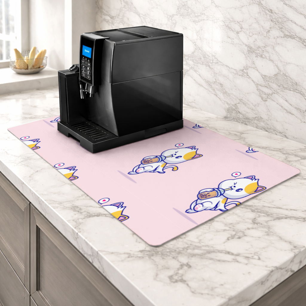 Kawaii Cat Drinking Boba Tea Coffee Machine Base Mat