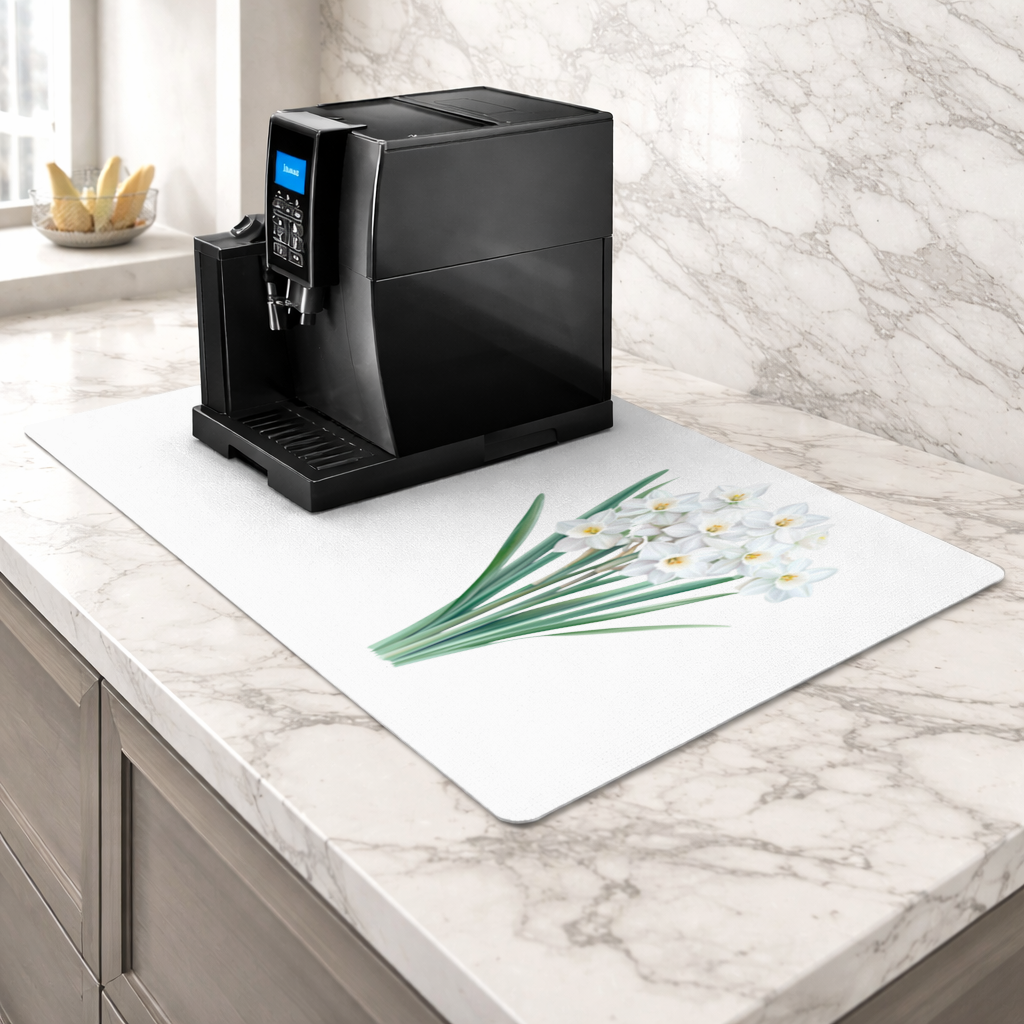 White Daffodil Bouquet Botanical Coffee Machine Base Mat