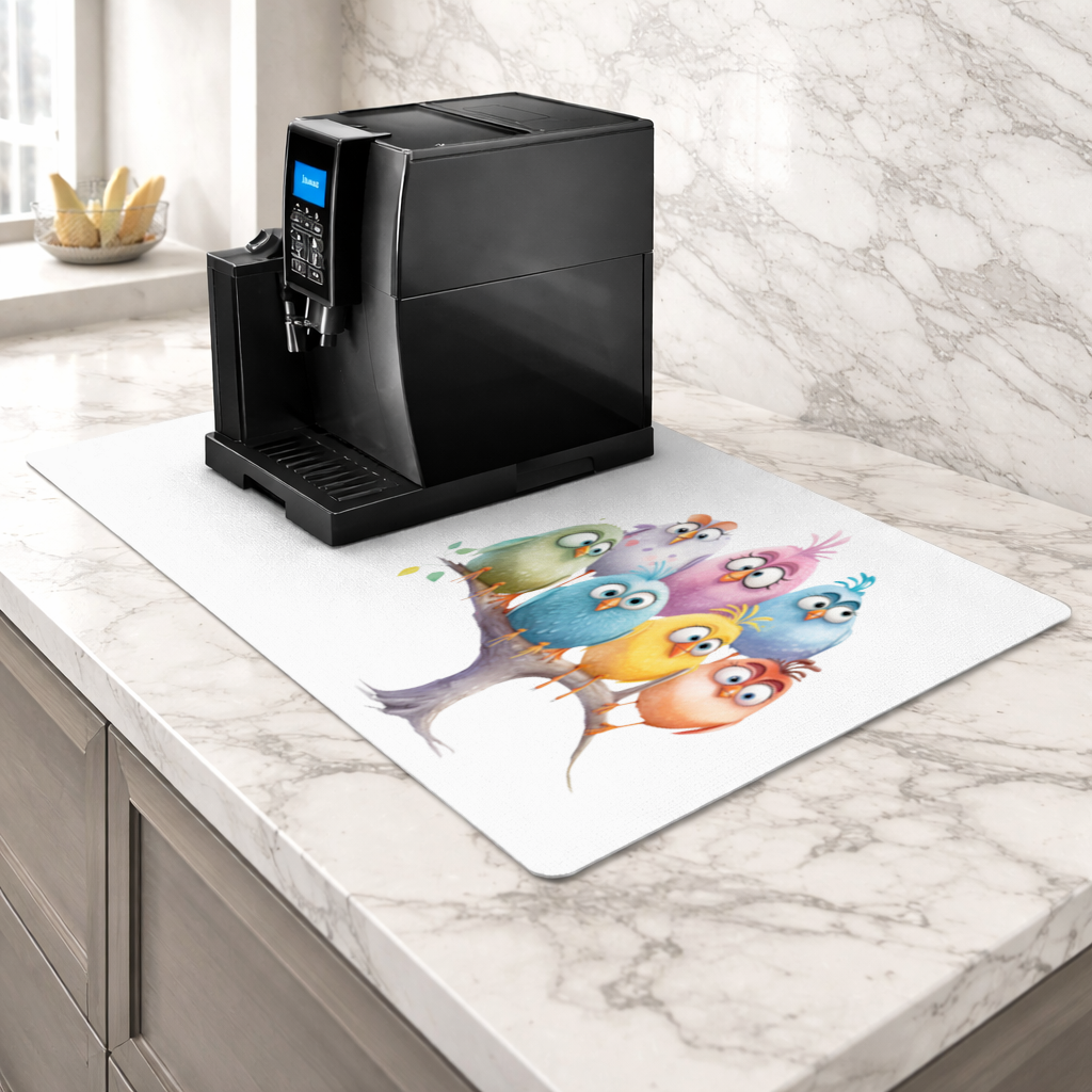 Whimsical Colorful Birds on Branch Coffee Machine Base Mat