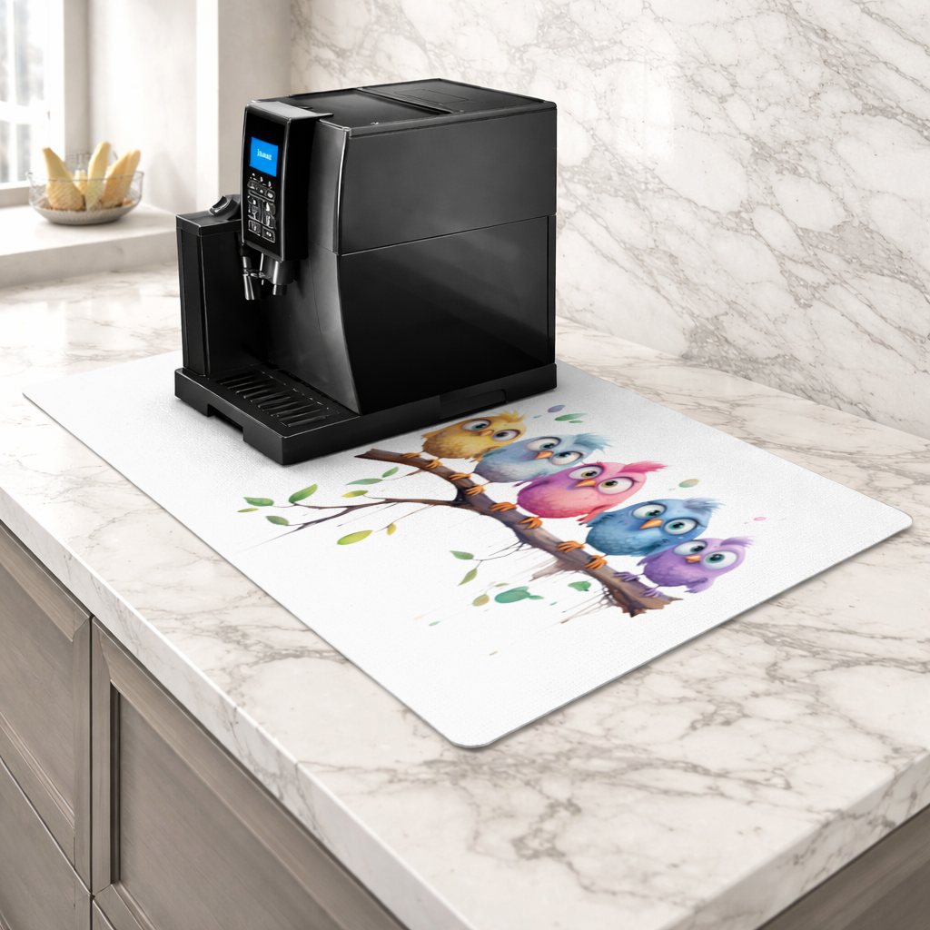 Five Colorful Kawaii Birds on Branch Coffee Machine Base Mat