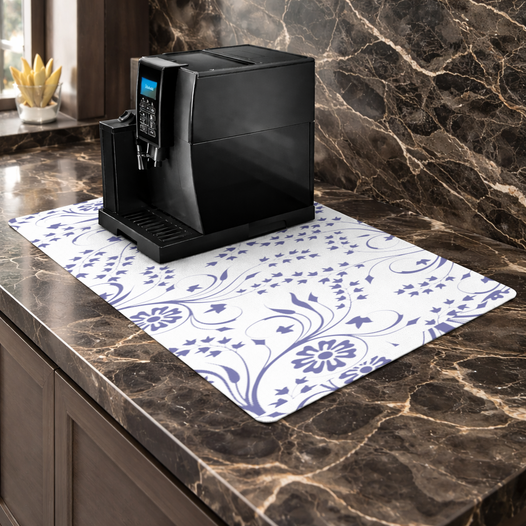 Blue White Vintage Floral Pattern Coffee Machine Base Mat