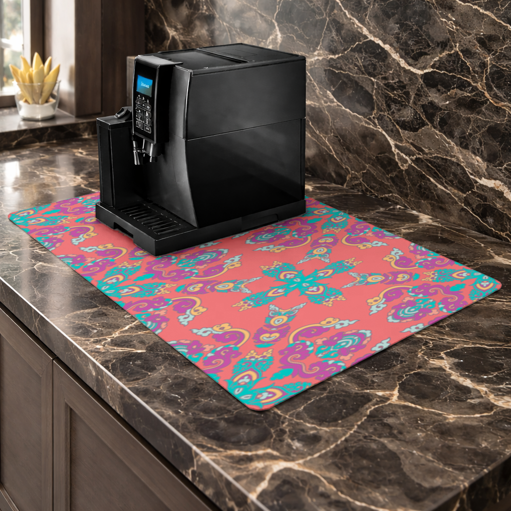 Vibrant Red Oriental Mandala Pattern Coffee Machine Base Mat