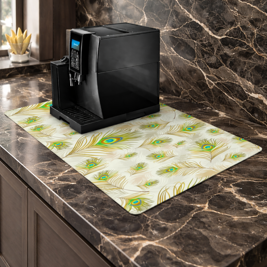 Elegant Peacock Feathers and Exotic Nature Seamless Pattern Coffee Machine Base Mat