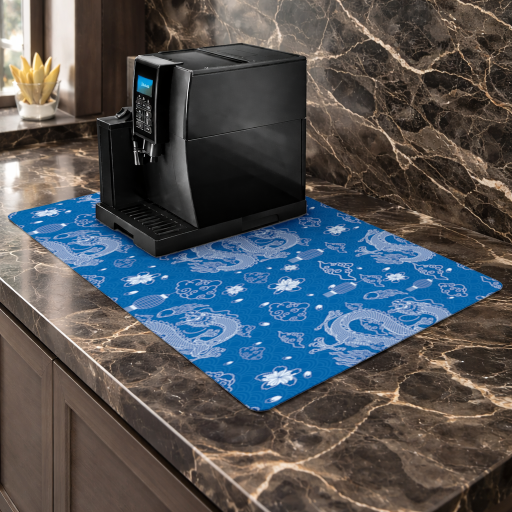 Traditional Dragon Pattern on Blue Background Coffee Machine Base Mat