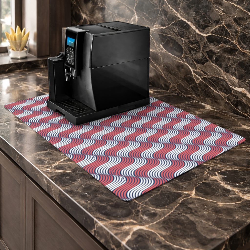 Red and Navy Wavy Line Pattern Coffee Machine Base Mat