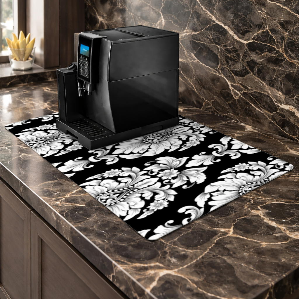 Black and White Baroque Floral Pattern Coffee Machine Base Mat