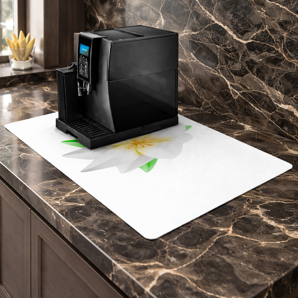 3D White Lily Flower Illustration Coffee Machine Base Mat