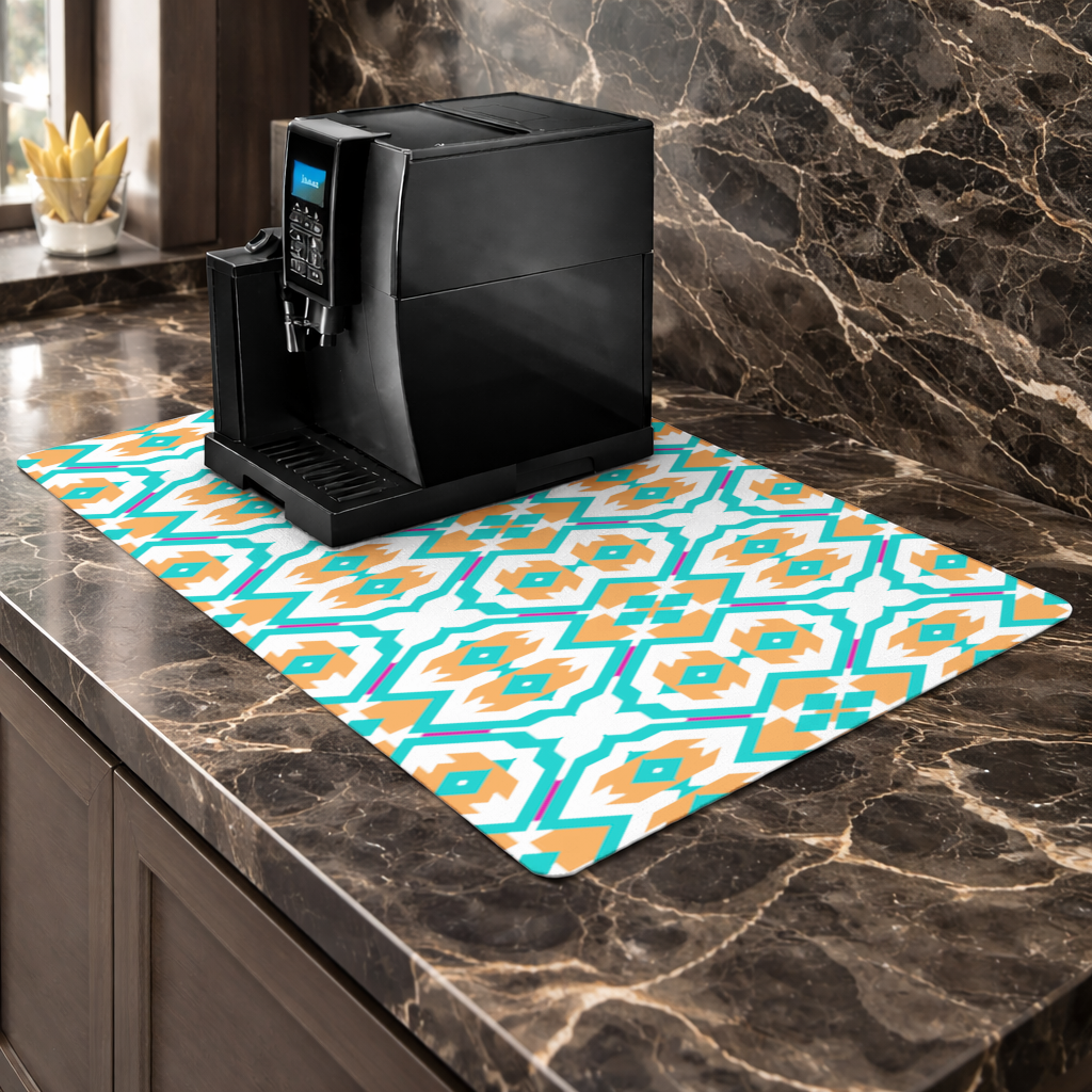 Orange and Turquoise Geometric Pattern Coffee Machine Base Mat